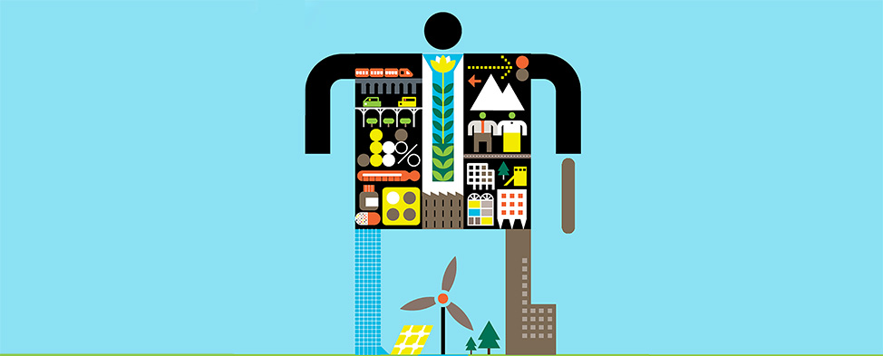 Illustration of a man, by Peter Grundini, showing environmental, housing, transportation and medical icons inside the body to represent the initiatives of the Inflation Reduction Act.